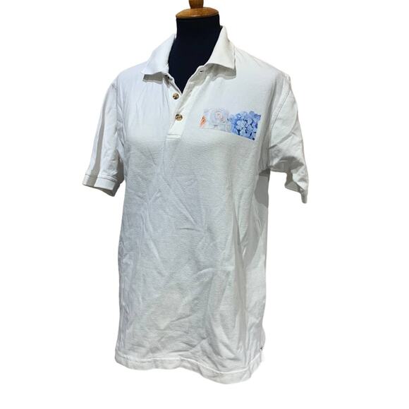 Upcycled Hand Printed Medium Short Sleeve Hydrangea Rose Collared Polo Shirt - Picture 1 of 3